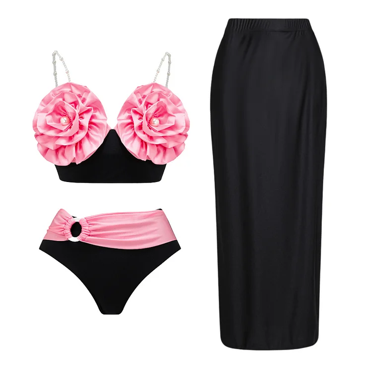 3D Flowers Color Contrast Detachable Pearl Shoulder Strap Bikini Swimsuit and sarong