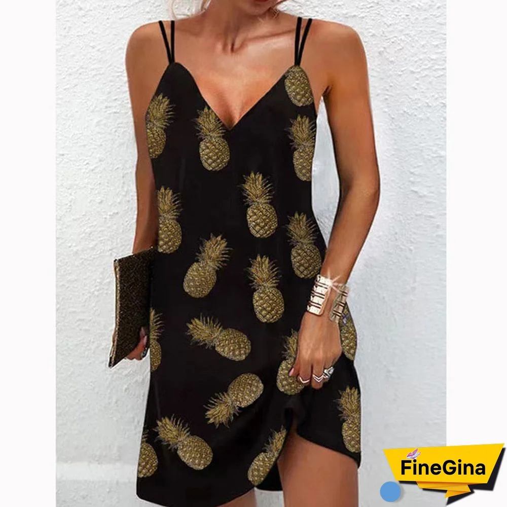 Back To School Outfits   Women Sexy V Neck Printed Dress Summer Fashion Casual Loose Sleeveless Dress Female Beach Party Black Sling Mini Dresses
