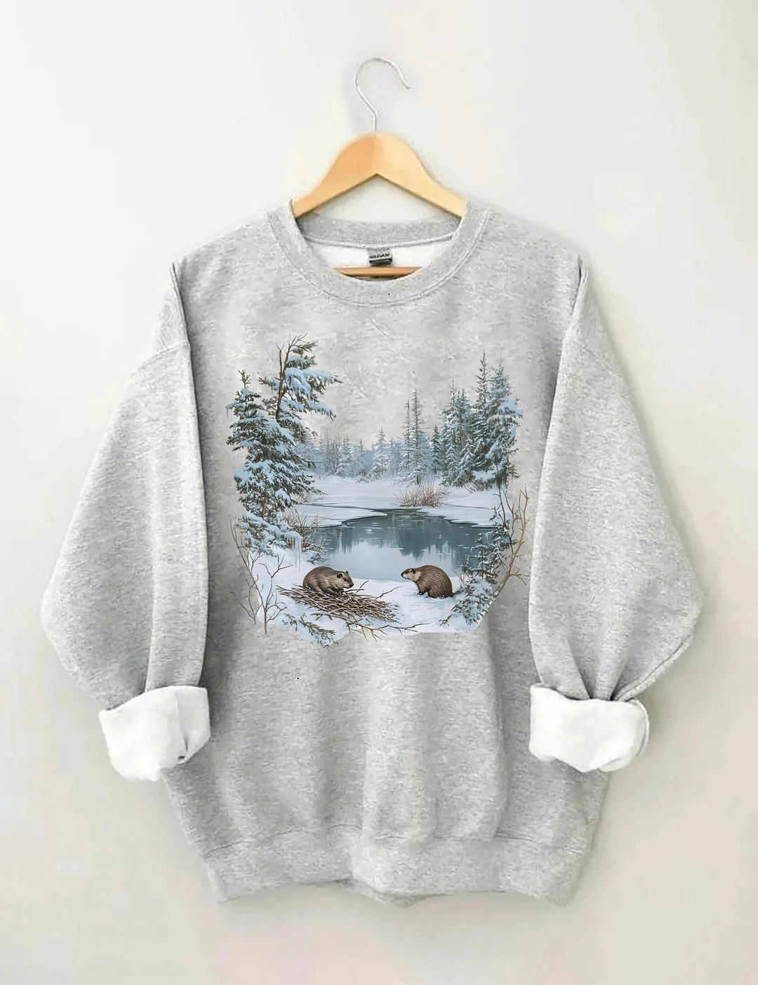 Beavers Winter Pond Snowy Scene Sweatshirt
