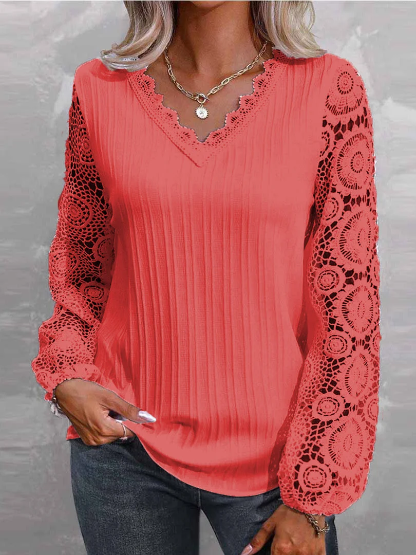 Women Long Sleeve V-neck Solid Lace Tops