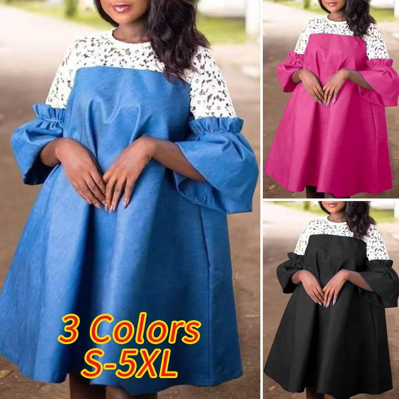 Summer Dress Casual Crew Neck Lace Mini Dresses VONDA 2022 Women Flare Sleeve Pleated 3/4 Sleeve Vestidos Short Robe Oversized