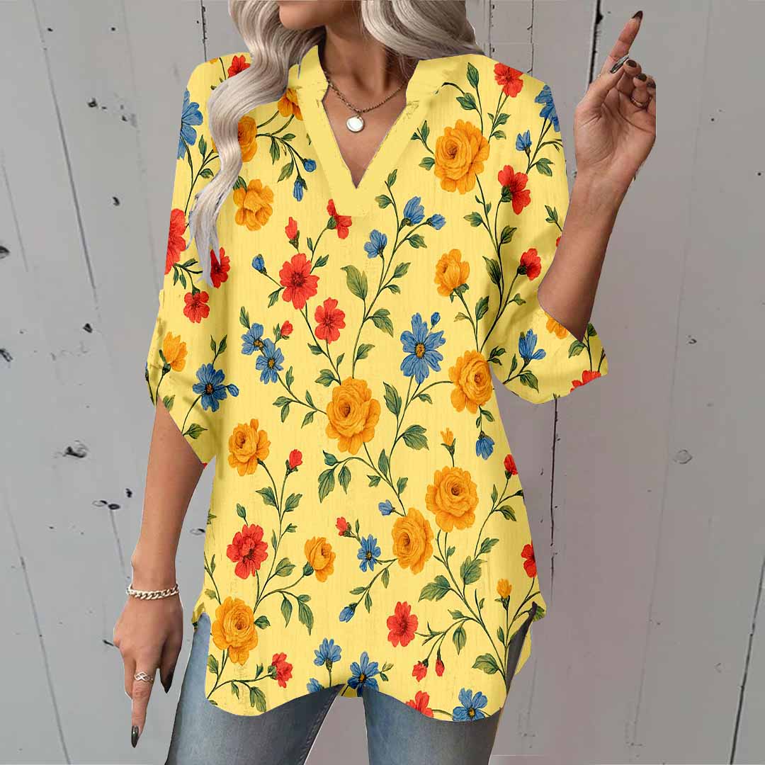 Women Floral, Yellow, Red DZGA0103 3/4 Sleeve V-neck Printed Graphic Button Tops
