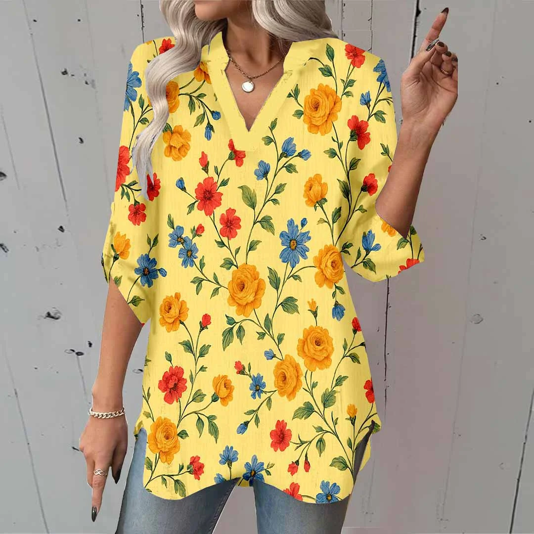 Women Floral, Yellow, Red DZGA0103 3/4 Sleeve V-neck Printed Graphic Button Tops