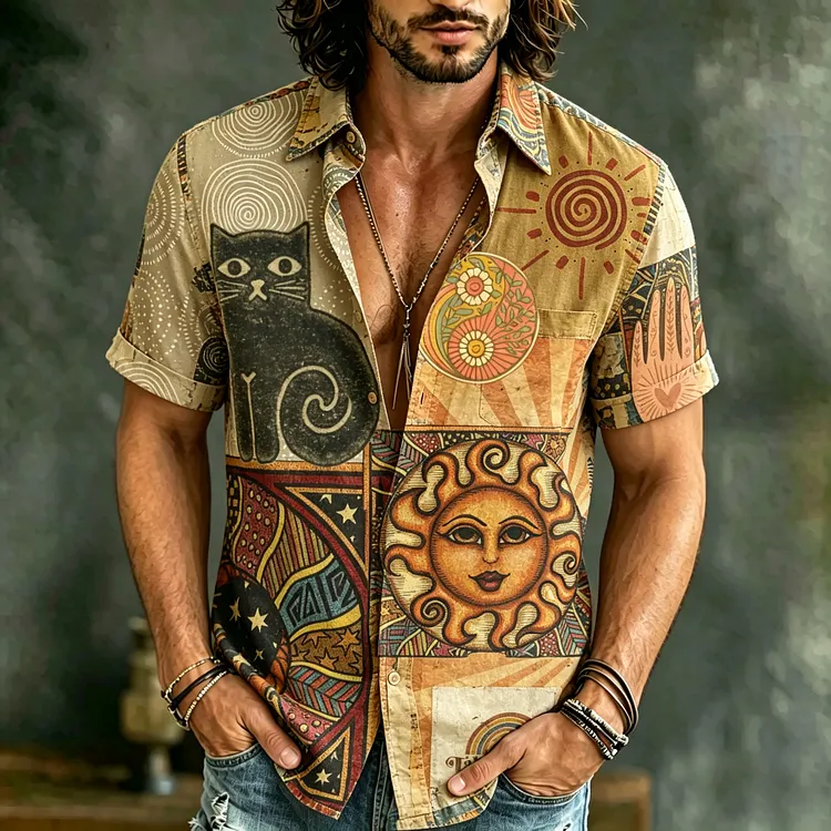 Men's Retro Vacation Hippie Patchwork Sun And Moon Cat Design Linen Shirt