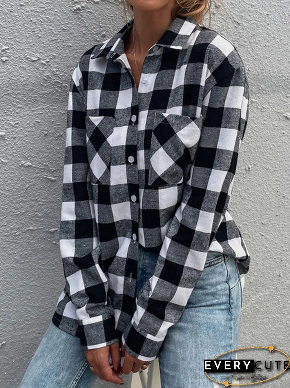 Plaid Drop Cardigan Lapel Long Sleeve Casual Top Shirt Blouse