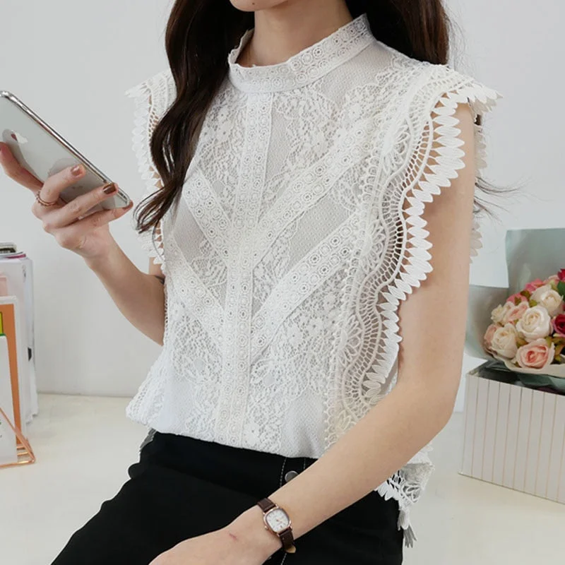 Summer Sleeveless Lace Blouse Women Plus Size M-4XL Elegant Lace Tops 2021 Ruffles Hollow Sexy Shirts Ladies Top Clothes 14733