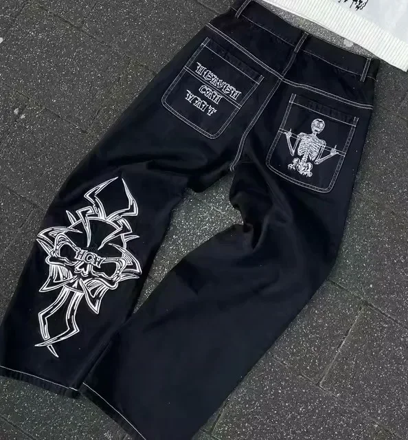 Aonga American Y2K New Loose Jeans Men and Women Harajuku Retro Pocket Embroidered Button Blue Jeans Fashionable Slim High Waist Jeans aonga
