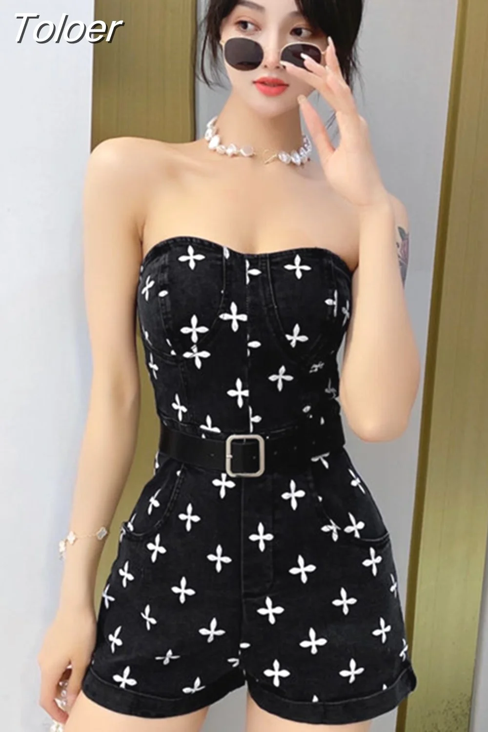 Toloer Streetwear Denim Playsuits Women's Short Sleeve Fashion Print Bodycon Casual Shots Rompers Jeans Overalls For Women