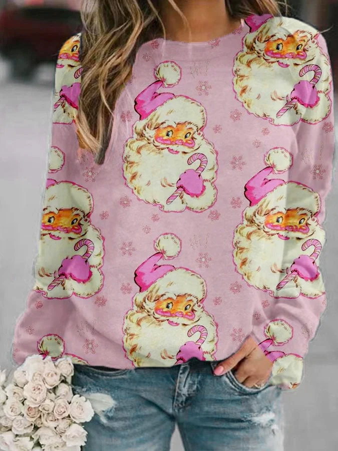 Christmas Retro Pink Santa Print Sweatshirt
