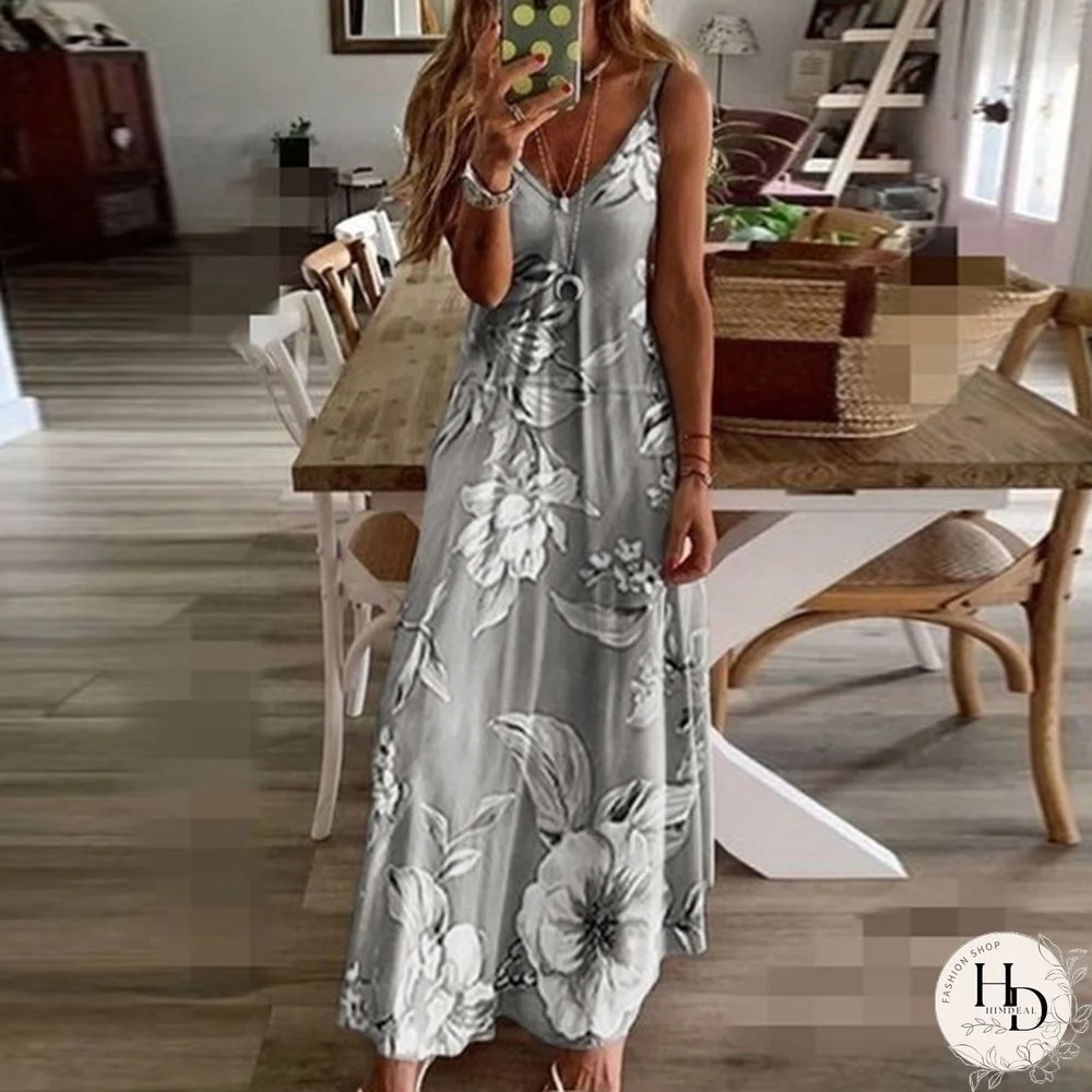 Summer Dresses Fashion Clothes Women's Plus Size Dresses Casual V-neck Sleeveless Maxi Dresses Ladies L Loose Cotton Dress Party Wear Floral Printed Halter Beach Dress