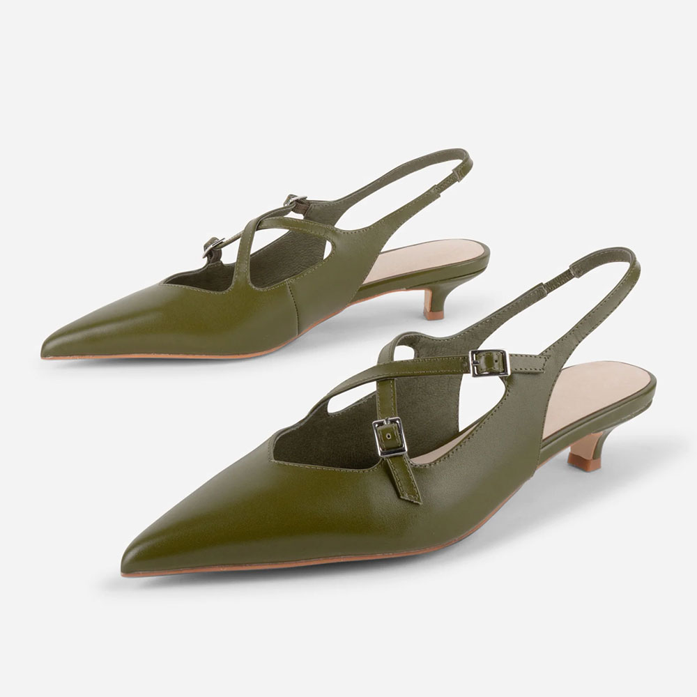 Olive Vegan Leather Cross Buckle Strap Slingback Kitten Heels Nicepairs