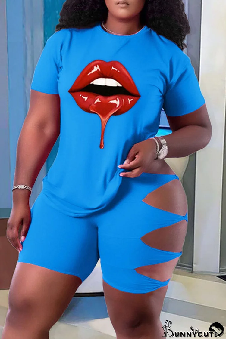 Sky Blue Fashion Casual Lips Printed Ripped Hollowed Out O Neck Plus Size Two Pieces