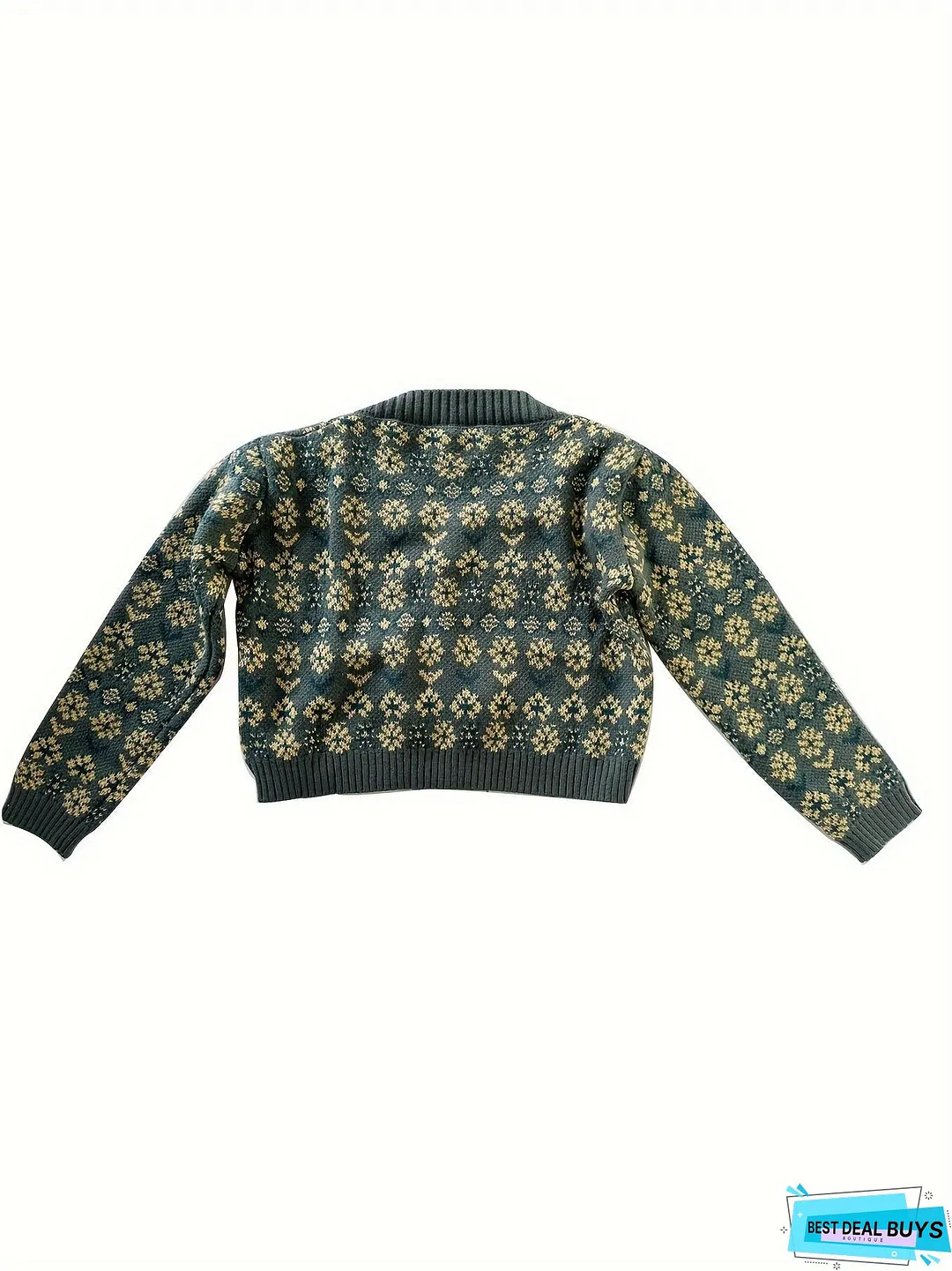 Floral Pattern Button Down Knit Cardigan, Cute Long Sleeve Crop Sweater, Women's Clothing