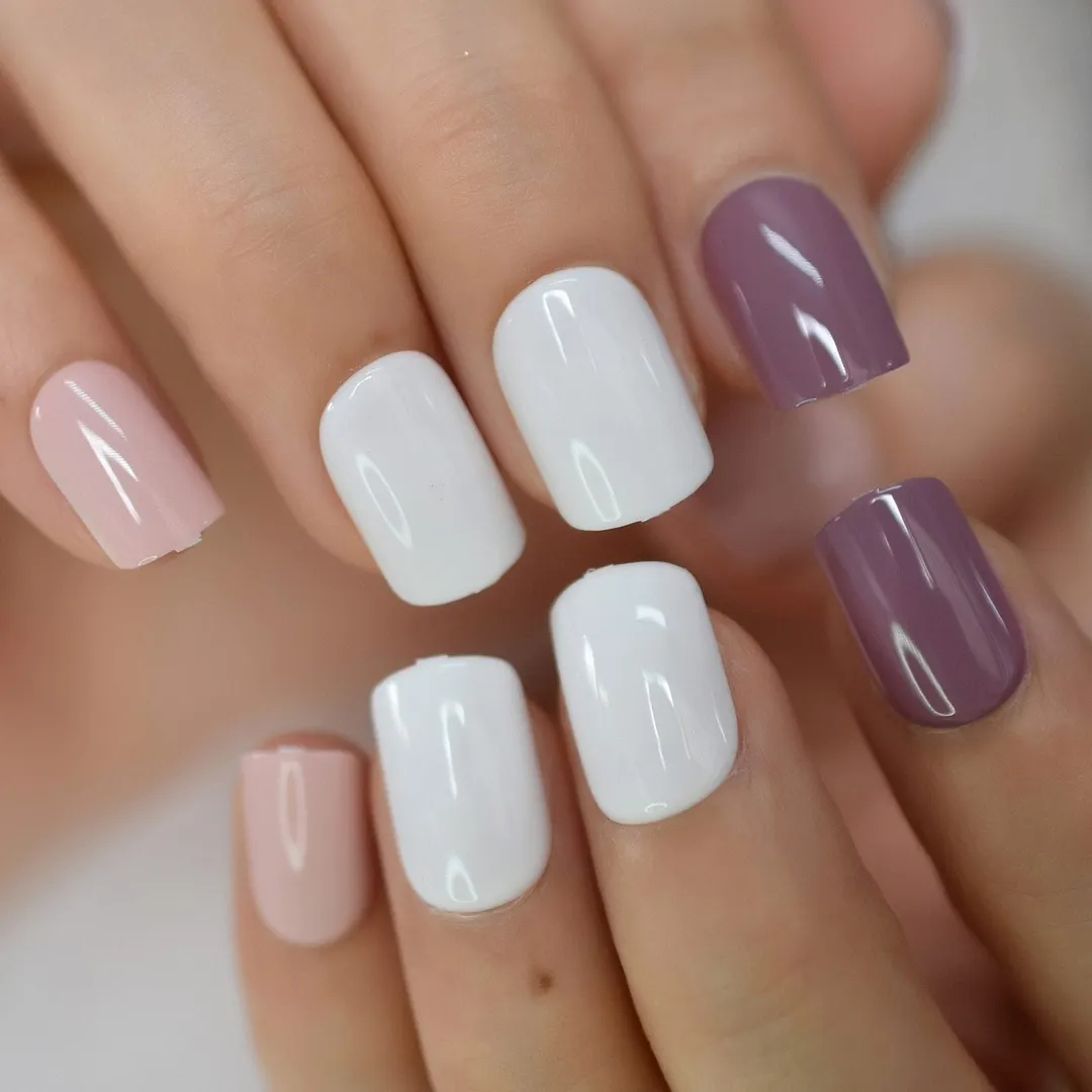 Pink Nude White French Fake Nails Squoval Square UV Gel False Press on Nails for Girl Full Cover Wear Finger Nail Art Tips 1123-Nail Inspo