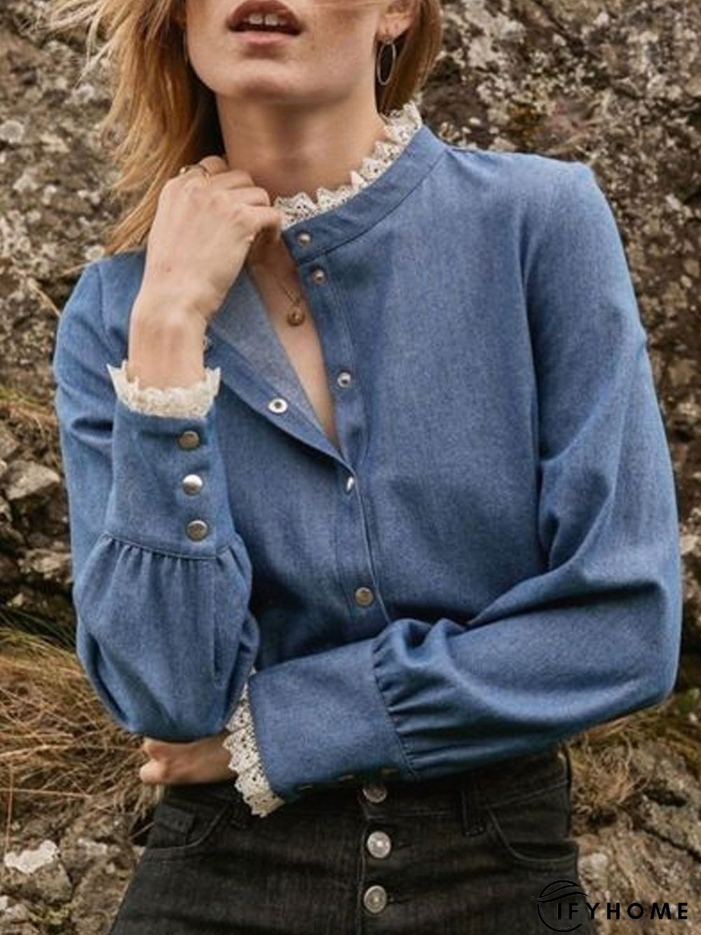 Turtleneck Casual Paneled Denim Blouse | IFYHOME