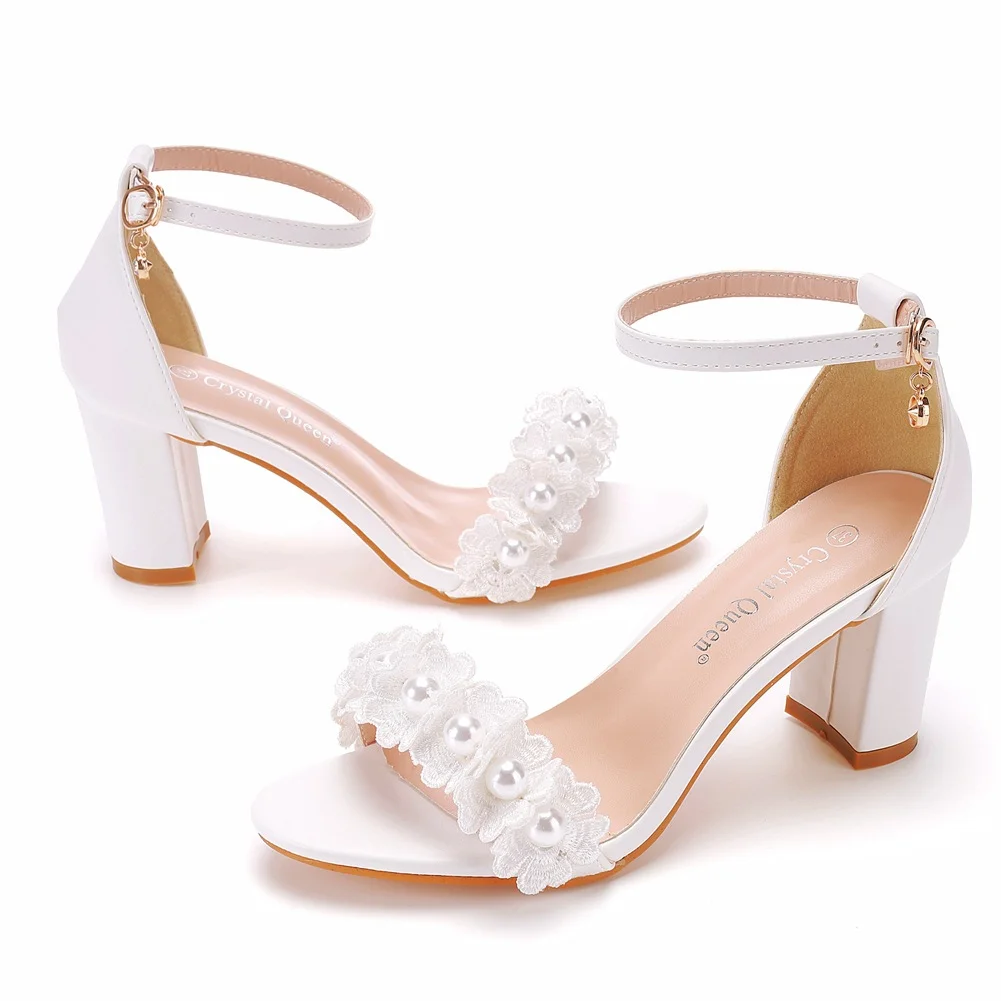 Breakj Breakj Cm Round Head With Thick Heel And Shallow Mouth With Sandals Beaded Flowers Wedding Dress Shoot High Heels Sandals