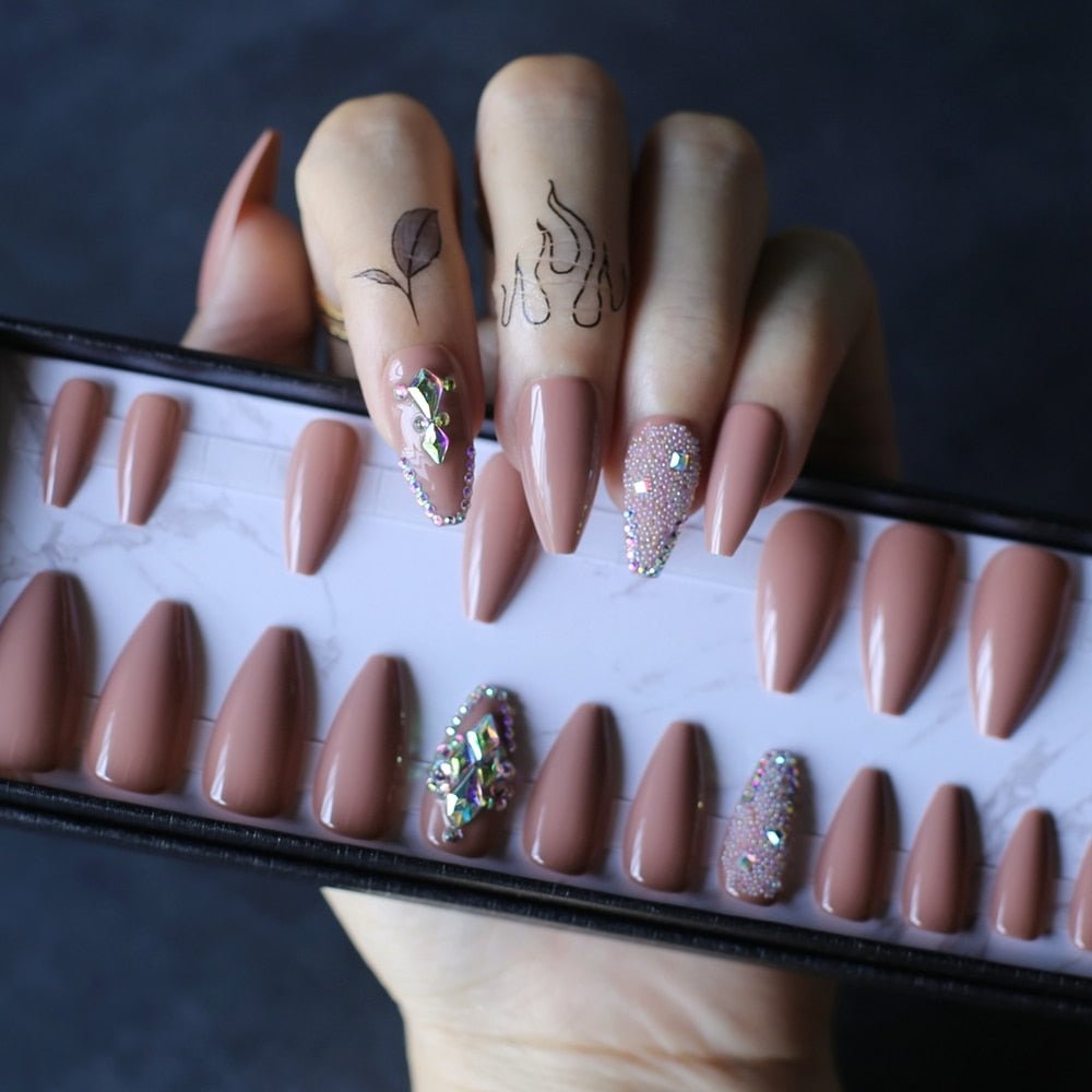 Coffin Nude Glossy Press on nails with box AB holographic Crystal caviar Fake nails Gel Cover False nails Ballet buff tan