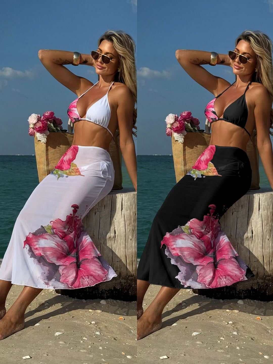 Uveng 2025 New Fixed-Print Large Floral Three-Piece Mesh Dress Sexy Bikini