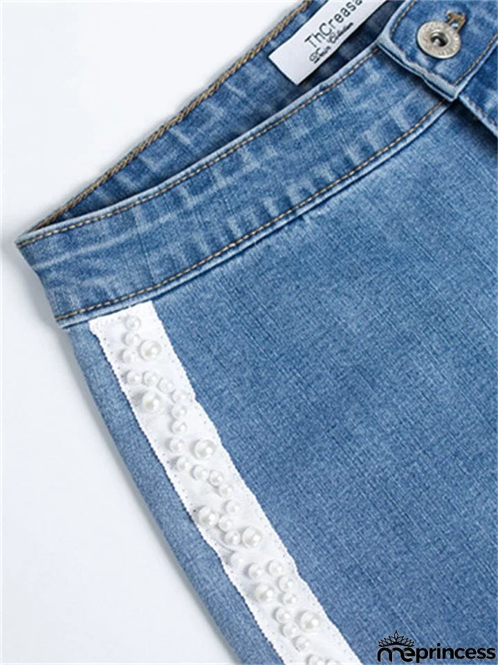 Spring Autumn Pretty White Pearl Woven Tape Thin Denim Jeans for Women