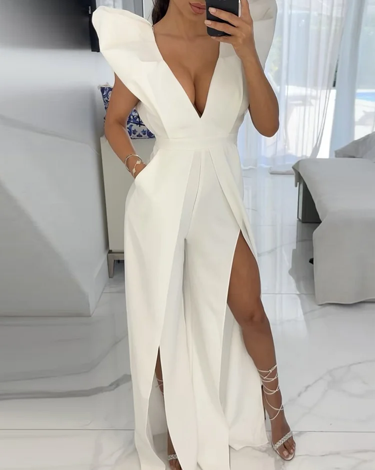 Puff Sleeve Solid Color Slit Jumpsuit
