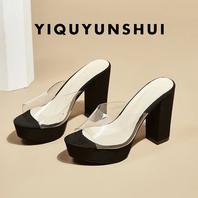 Qengg Crystal Clear Shoes Women High Heels Sandals Female Transparent Sexy Wedding Beach Slippers Zapatillas Mujer Casa