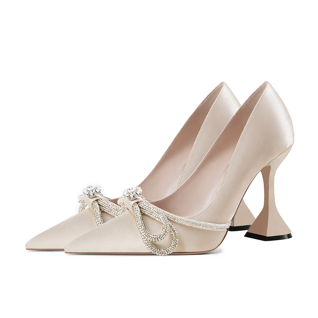 Satin Pointed Toe Rhinestone Bow Inlay Elegant Pumps with Flared Heel