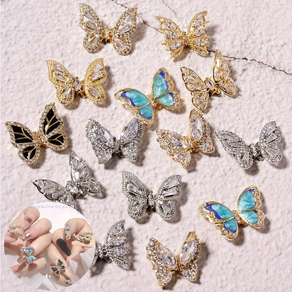 3D DIY Flying Shaking Butterfly Zircon Alloy Nail Crystals Shining Rhinestone Nails Decoration Charms Jewelry Accessories
