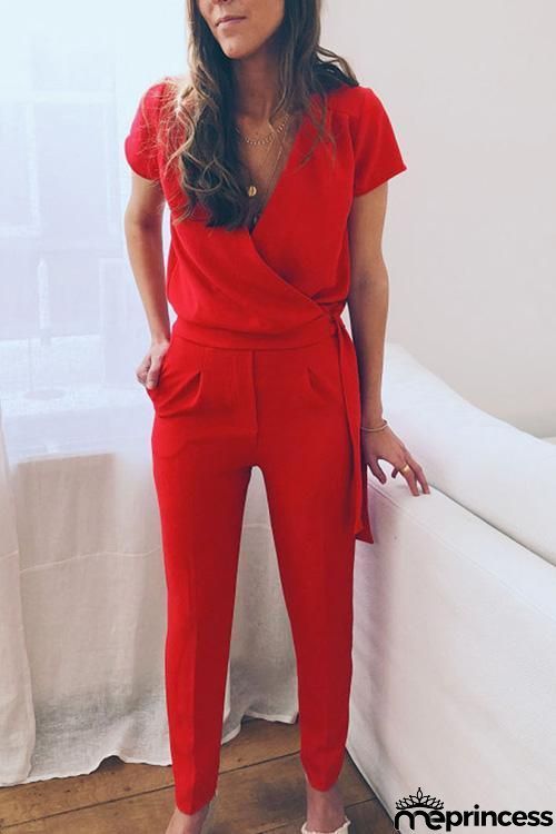 Deep V Neck Knot Jumpsuit