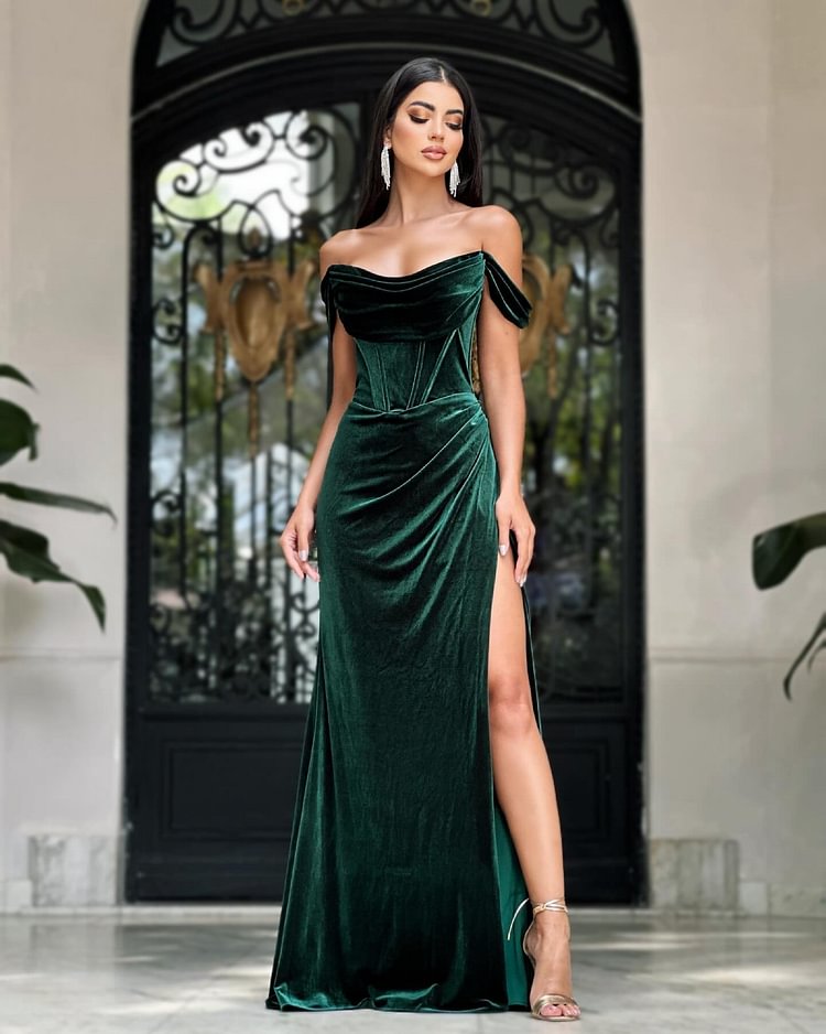 Hellodresses Dark Green Velvet Off the Shoulder Sleeveless Split Prom Dress