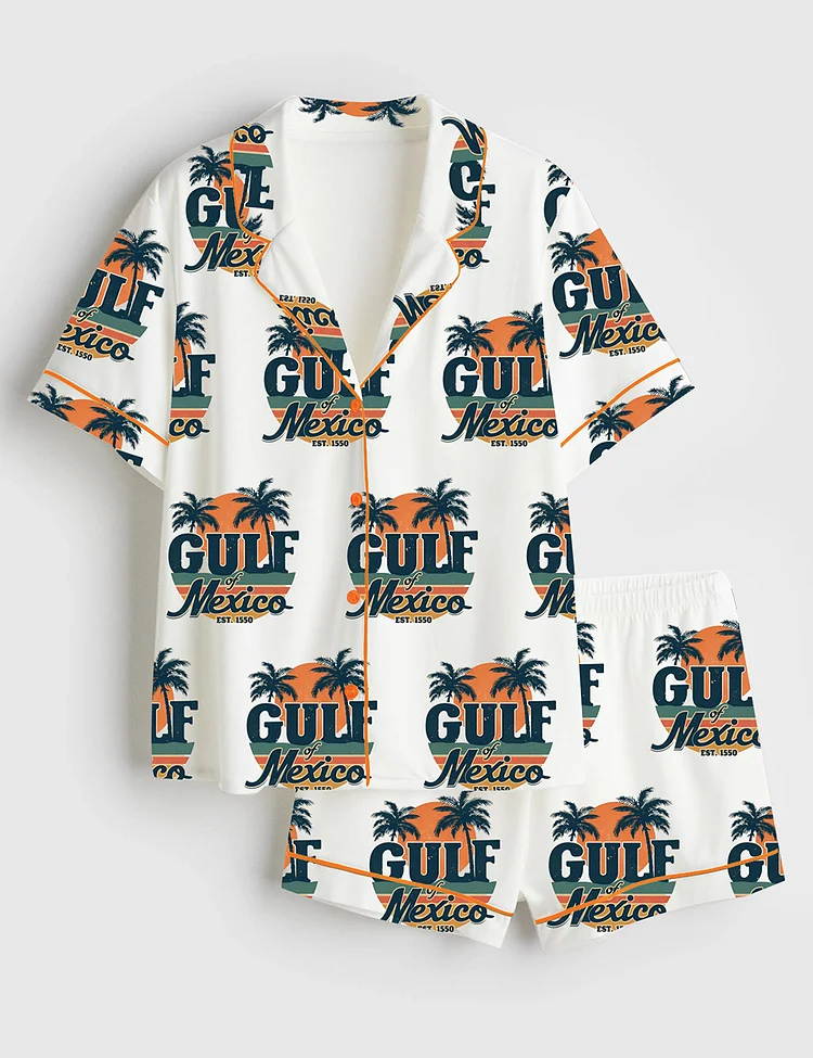 Women's Gulf Of Mexico Texas Alabama Mississippi Florida Beach Short Sleeve Satin Pajama Set