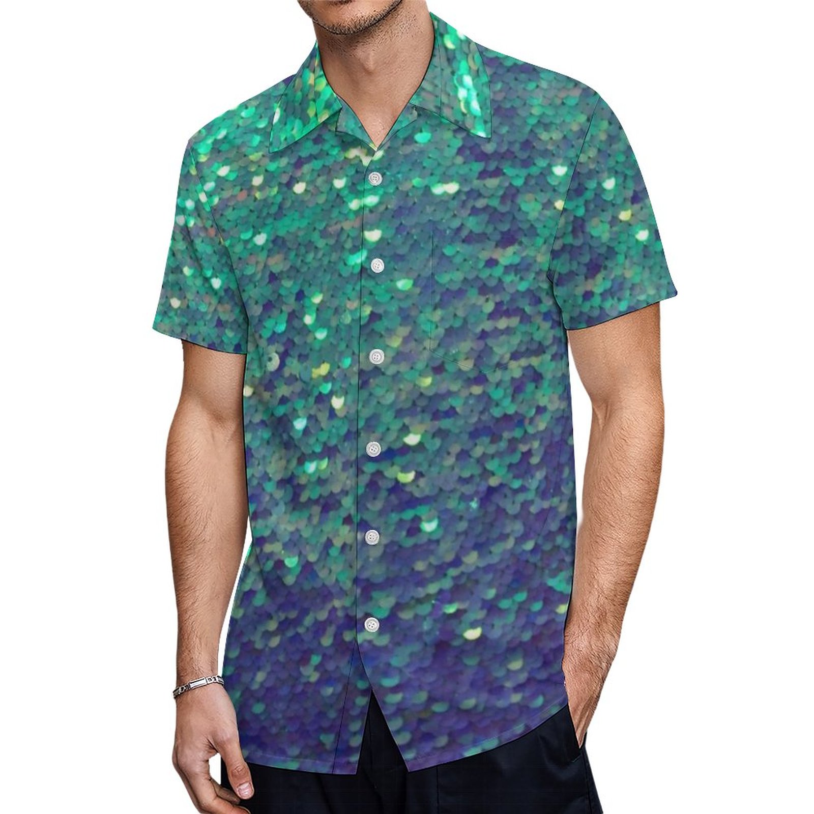 Fabulous Mermaid Simulated Sequin Hawaiian Shirt Mens Button Down Plus Size Tropical Hawaii Beach Shirts