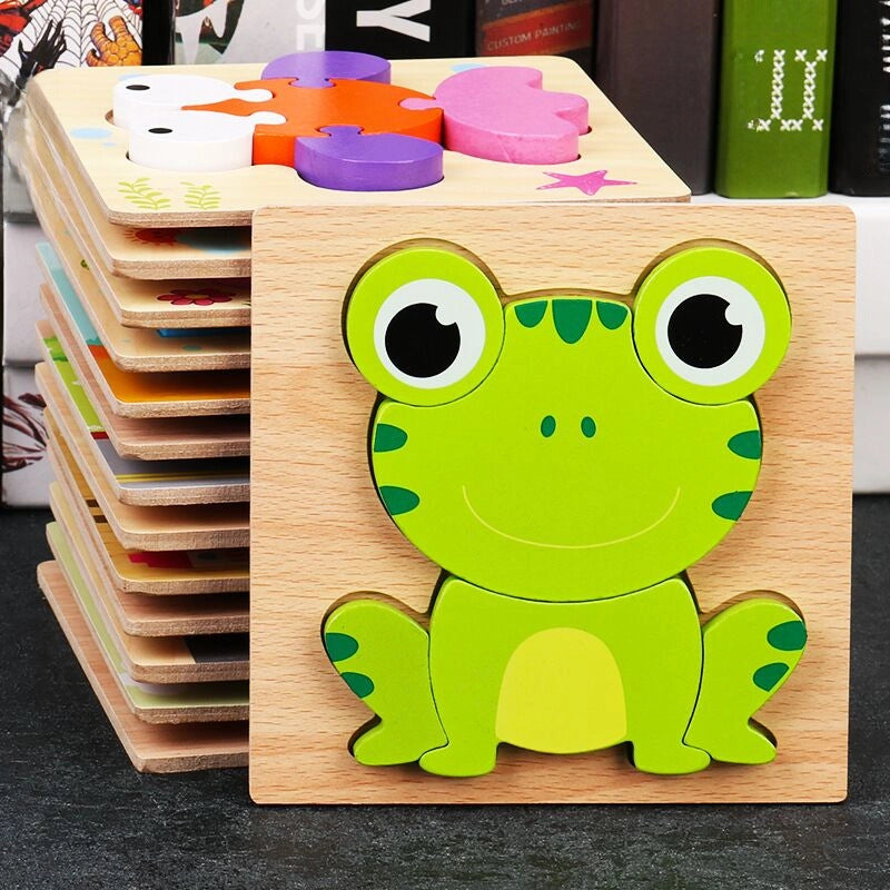 Kindergarten Children's Enlightenment Early Education Cognition Cartoon Animal Cognition Hand-held Board Wooden Three-dimensional Puzzle Wooden Toys