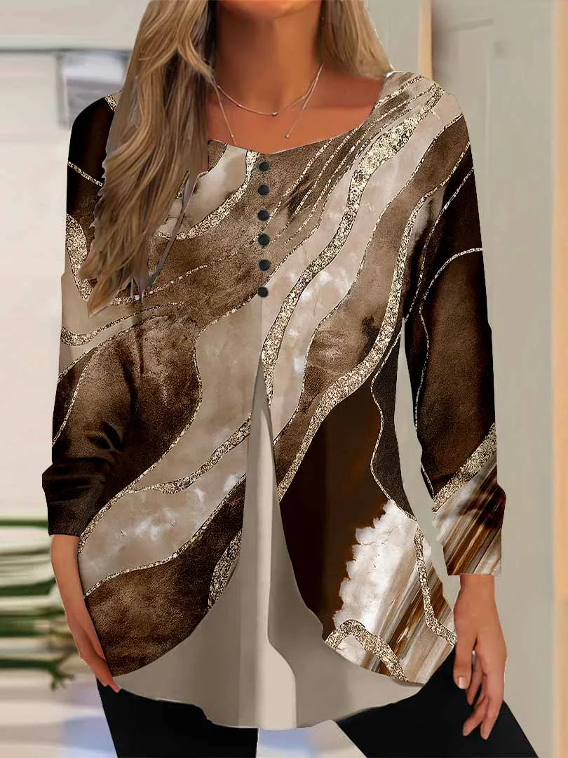 Women Graphic,Brown DZGG8300 Long Sleeve Scoop Neck Printed Graphic Button Fake 2in1 Tops