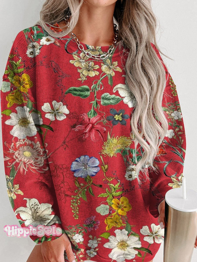 Women&rsquo;s Vintage Floral Print Casual Corduroy Sweatshirt Multicolor / S