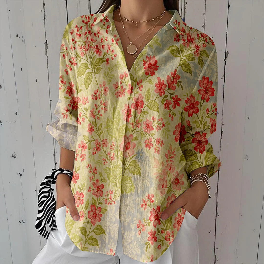 Style & Comfort for Mature Women Women Floral, Pink, Green DZCL0071 3/4 Sleeve Shirt Collar Printed Button Tops