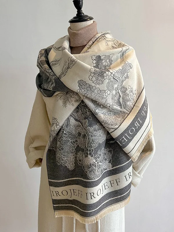 Warp Knitting Tasseled Knitted Letters Jacquard Shawl&Scarf