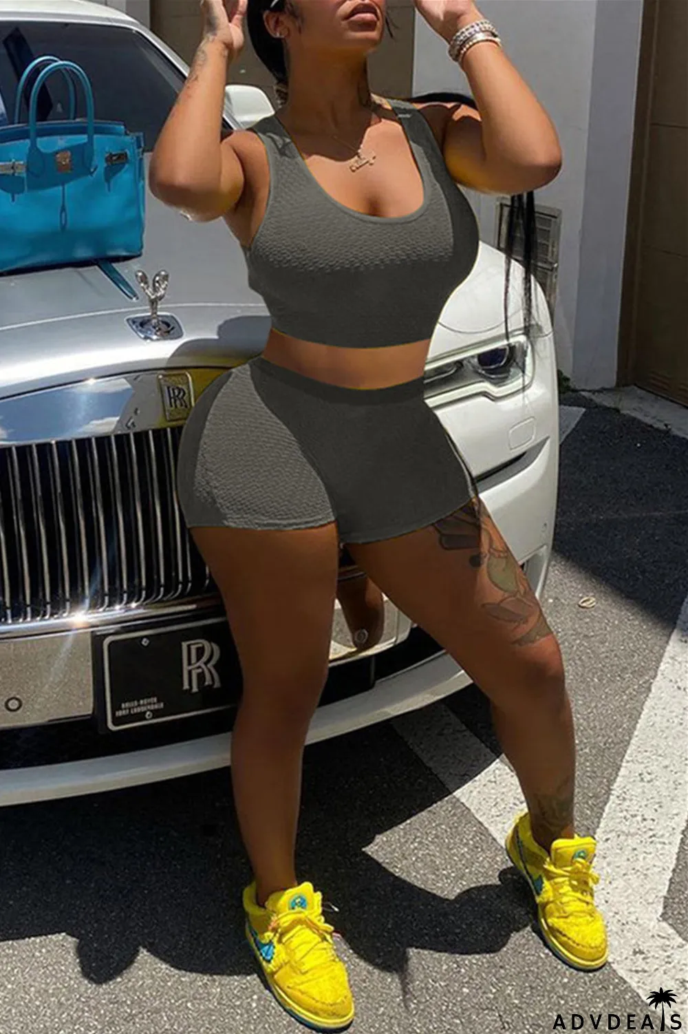 Yellow Fashion Casual Solid Basic U Neck Sleeveless Two Pieces