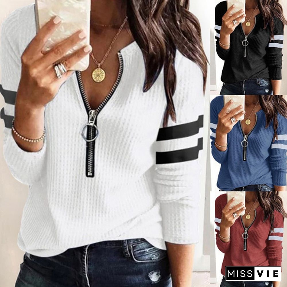 Autumn Fashion Women's Fashion Casual Solid Color V Neck Zipper Long Sleeves Basic Top Blouse Plus Size S-5XL