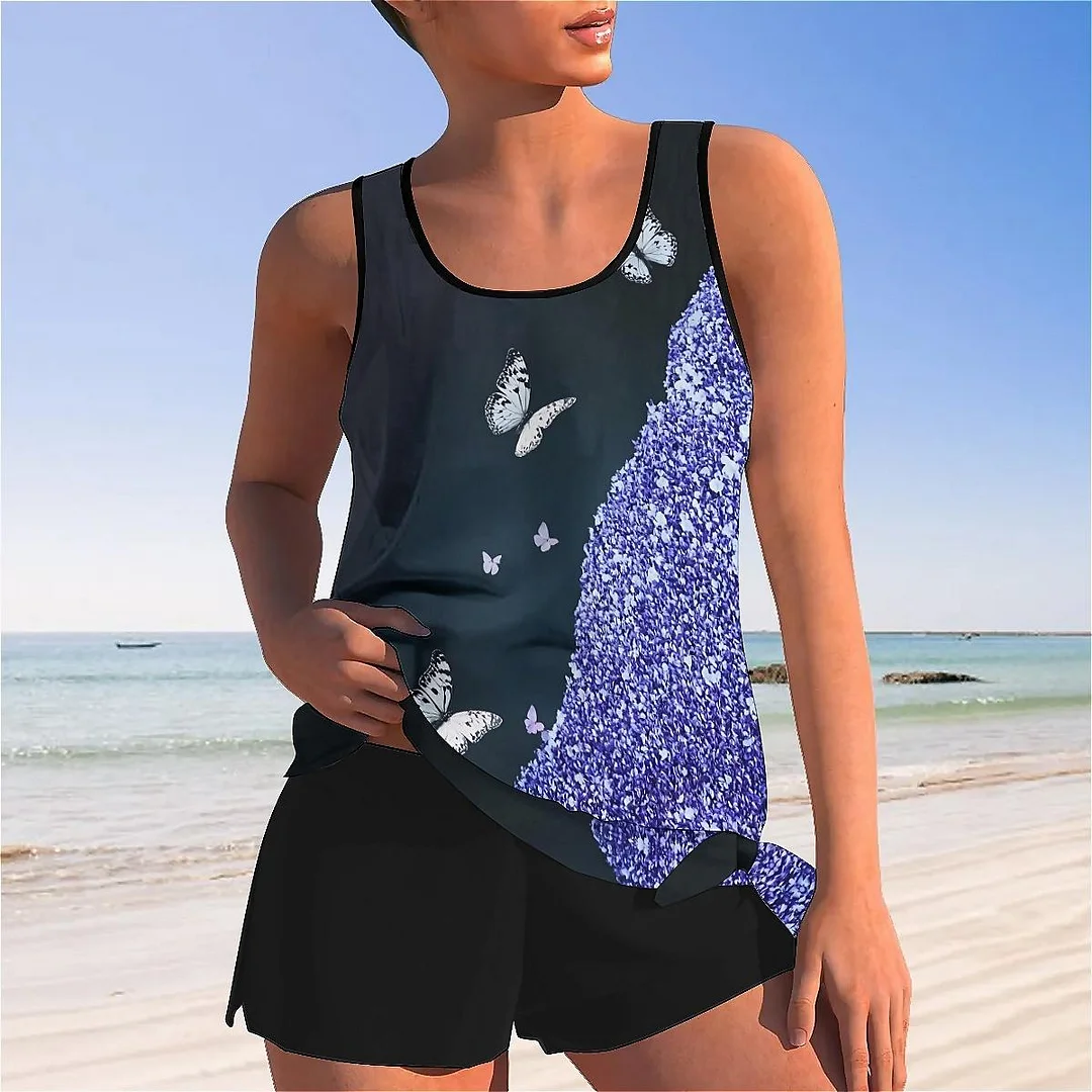 Bowknot Purple,Butterfly,Glitter Mid Waisted Tankini Set - Plus Size Available