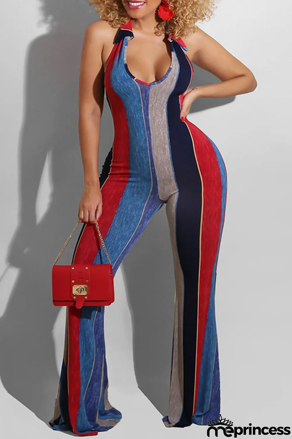 Red Fashion Sexy Striped Print Backless Halter Regular Jumpsuits