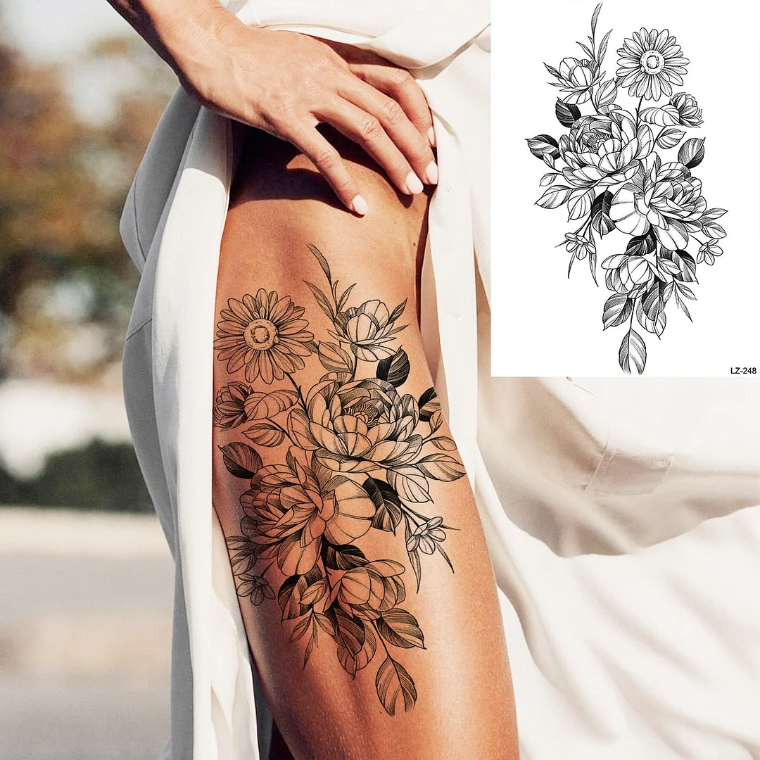 3D Large Peony Flower Temporary Tattoos For Women Girl Arm Thigh rose skull Realistic Fake Tattoo Body Art Tatoo Paper