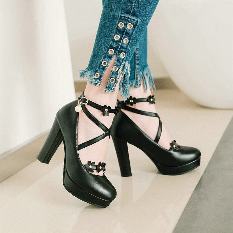 Sweet flower criss cross chunky high heels oxfords dress shoes