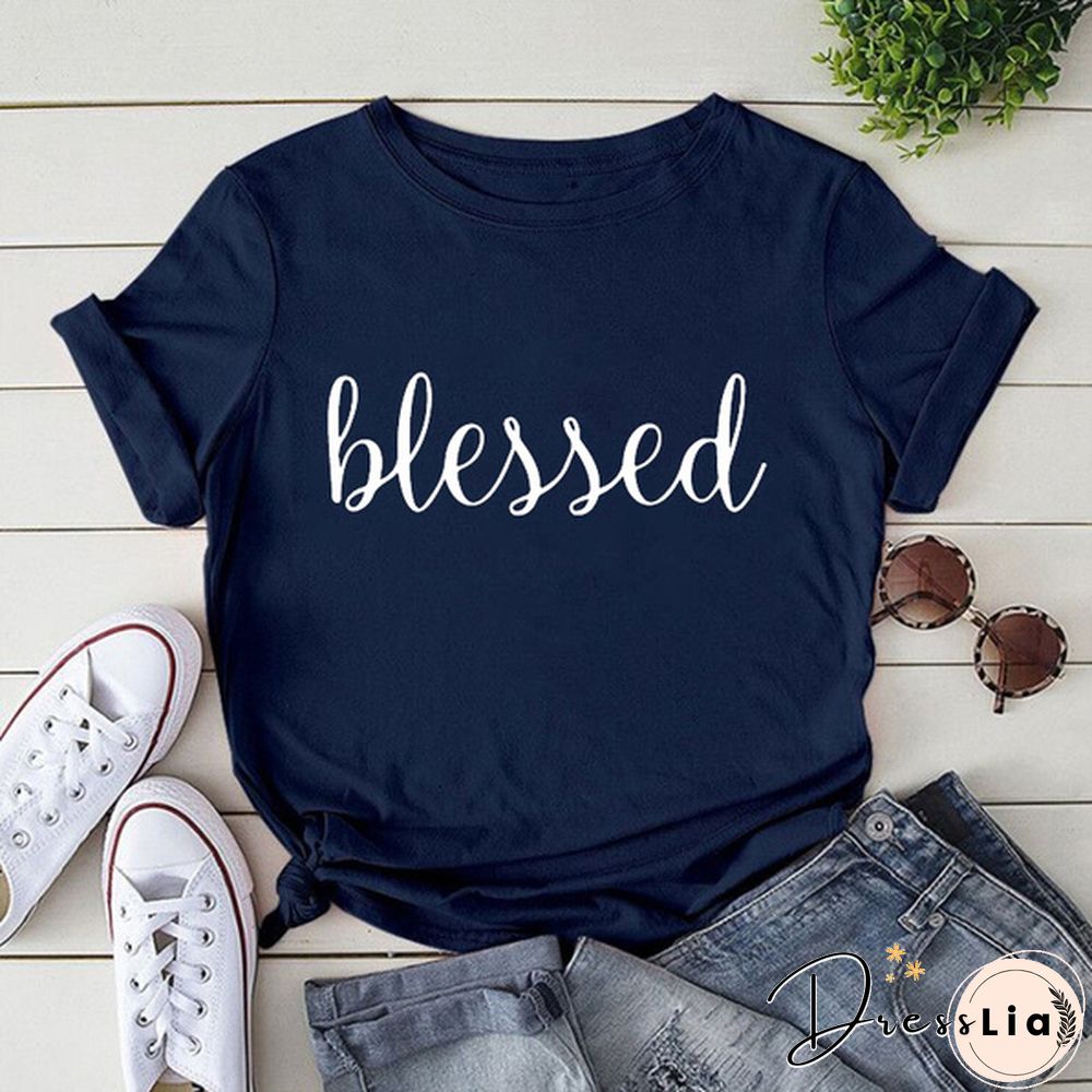 Womens Fashion T-Shirts Blessed Print Casual Loose Round-neck Creative Personalized