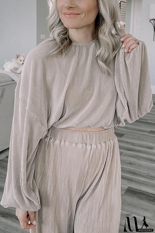 MidiSono - Pleated Crop Blouse Wide Leg Pants Set