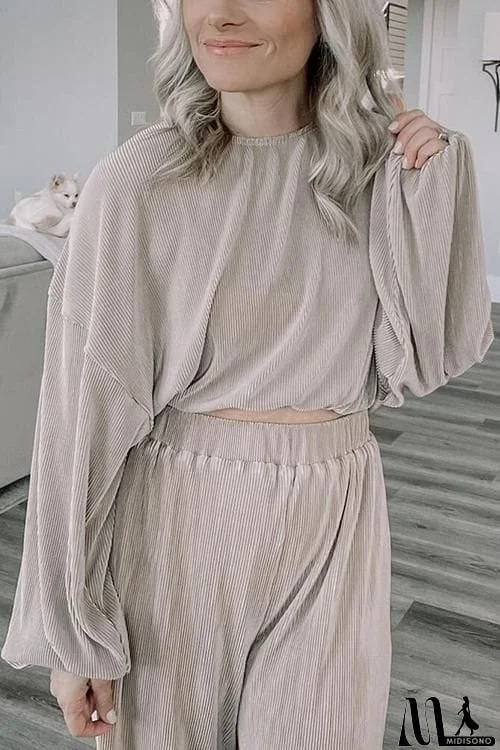 MidiSono - Pleated Crop Blouse Wide Leg Pants Set