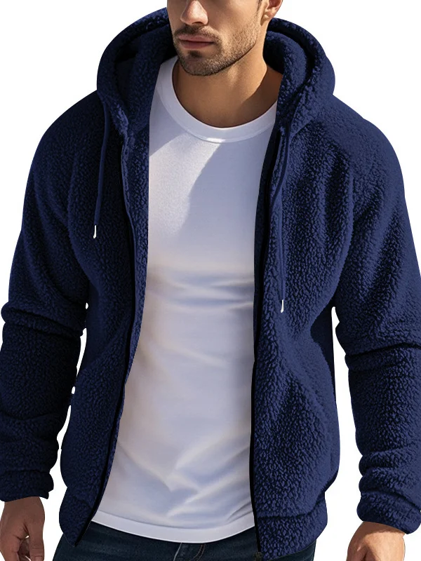 Men's Plain Fuzzy Zip Up Pocket Drawstring Hooded Coat