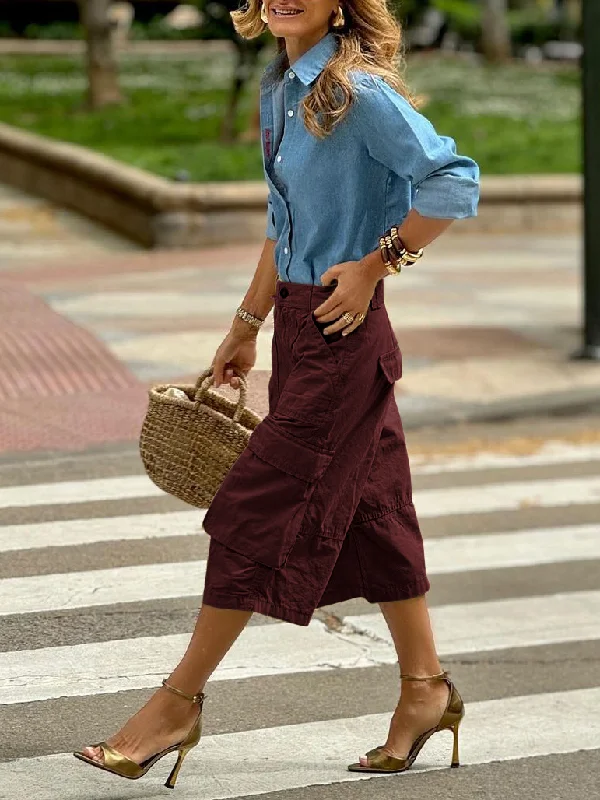 Buttoned Pockets Solid Color Split-Joint Loose Wide Leg Cropped Trousers Capri-Pants
