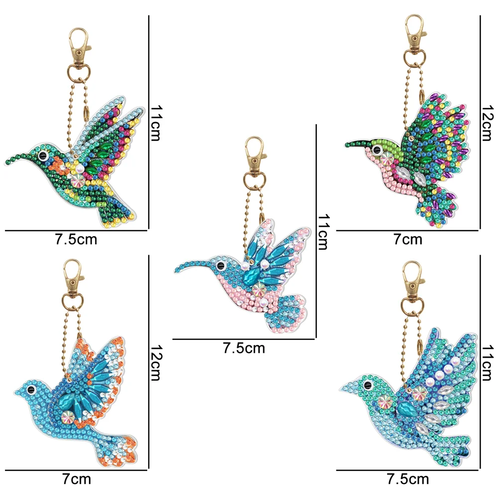 5pcs Diamond Painting Keyring Kit DIY Hummingbird Keychain Pendant(Double Sided)