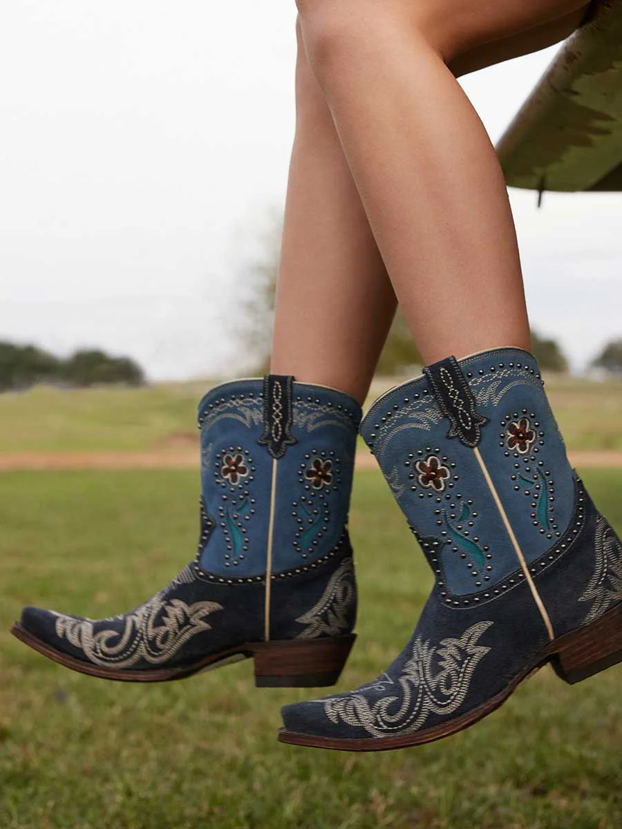 Vintage Blue Snip Toe Floral Inlay Studded Western Booties for Women