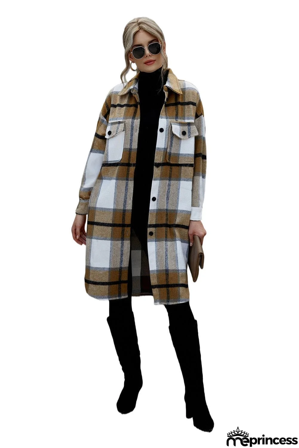 Khaki Turn-down Collar Pocket Button Plaid Coat